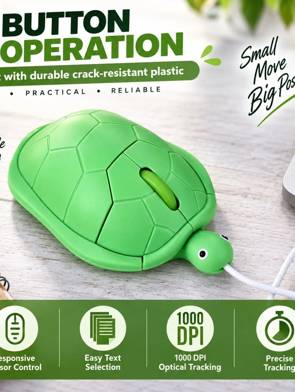 Cute Turtle Wired USB Optical Mouse with 3 Button Operation and 1000 DPI